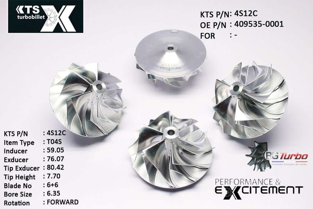 Turbo ROUE FORGÉE MFS PERFORMANCE - 6+6 PALES - INDUCER : 59,05 - EXDUCER : 76,07 - TYPE : T04SANGLE : 60° - ROTATION : Forward - SUPER BACK : 4,97 - BORE SIZE : 6,35
